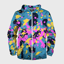 Ветровка с капюшоном мужская Брызги краски розовой желтой и темно синей, цвет: 3D-белый