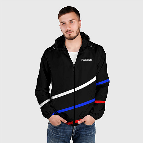 Мужская ветровка Россия чёрный с полосами бело-сине-красные / 3D-Черный – фото 3