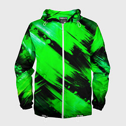 Ветровка с капюшоном мужская Зеленые мазки краски на черном, цвет: 3D-белый