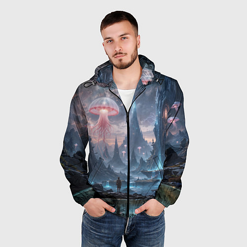 Мужская ветровка Фантастический мир с медузами и озеро у гор / 3D-Черный – фото 3