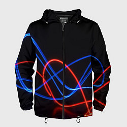 Ветровка с капюшоном мужская Красно синие неоновые линии на черном фоне, цвет: 3D-черный