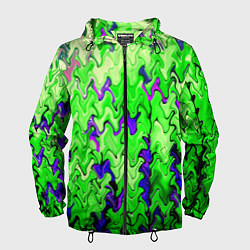 Ветровка с капюшоном мужская Ярко-зелёный стекающая абстаркция, цвет: 3D-черный
