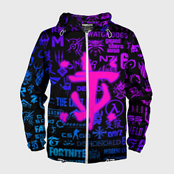 Ветровка с капюшоном мужская Doom логотипы игр неон, цвет: 3D-белый