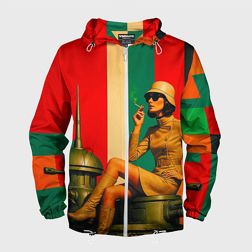 Мужская ветровка Милитари девушка на оружейной башне ретрофутуризм / 3D-Белый – фото 1