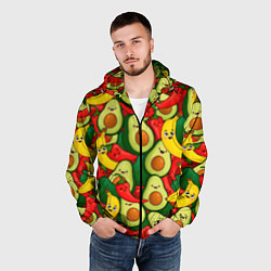 Ветровка с капюшоном мужская Авокадо, бананы, перцы чили улыбаются - паттерн фр, цвет: 3D-черный — фото 2