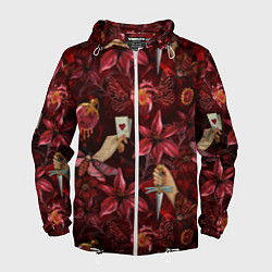 Ветровка с капюшоном мужская Бордовая готика с сердцем, лилиями и мотыльками, цвет: 3D-белый