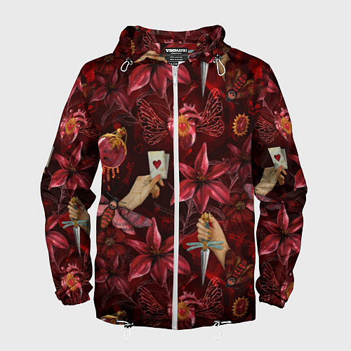 Мужская ветровка Бордовая готика с сердцем, лилиями и мотыльками / 3D-Белый – фото 1