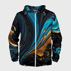 Ветровка с капюшоном мужская Сине-золотая абстракция, цвет: 3D-белый