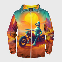 Ветровка с капюшоном мужская Робот Бендер на мотоцикле в пустыне, цвет: 3D-белый