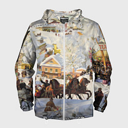 Ветровка с капюшоном мужская Русская тройка зимой - картина Масленица Кустодиев, цвет: 3D-белый