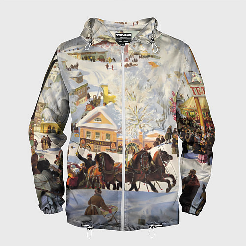 Мужская ветровка Русская тройка зимой - картина Масленица Кустодиев / 3D-Белый – фото 1