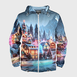 Ветровка с капюшоном мужская Городок в новогодних огоньках, цвет: 3D-белый