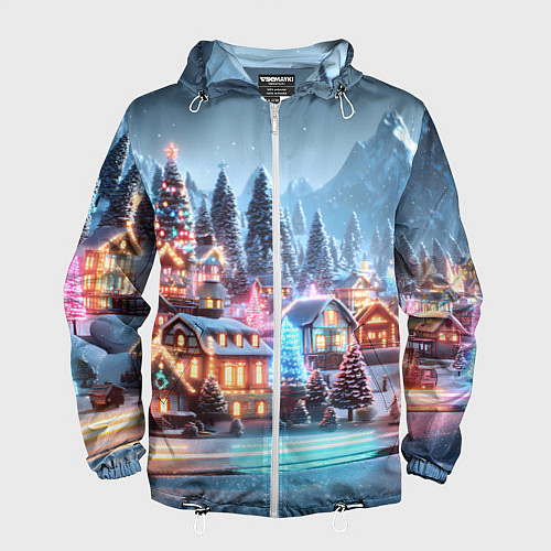 Мужская ветровка Городок в новогодних огоньках / 3D-Белый – фото 1