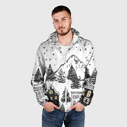 Ветровка с капюшоном мужская Заснеженный черно-белый город, цвет: 3D-белый — фото 2