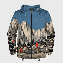 Ветровка с капюшоном мужская Небольшой новогодний город в горах, цвет: 3D-черный