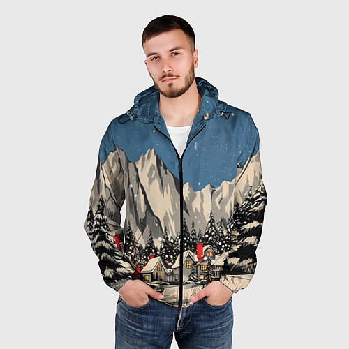 Мужская ветровка Небольшой новогодний город в горах / 3D-Черный – фото 3