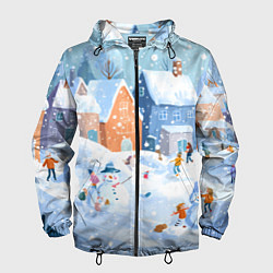Ветровка с капюшоном мужская Предновогодний день во дворе, цвет: 3D-черный