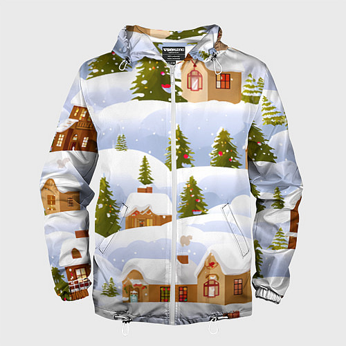 Мужская ветровка Новогодние домики и елочки / 3D-Белый – фото 1