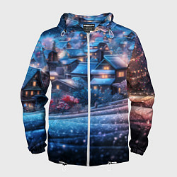Ветровка с капюшоном мужская Новогодний двор в блестках, цвет: 3D-белый