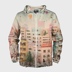 Ветровка с капюшоном мужская Объемный новогодний город, цвет: 3D-белый