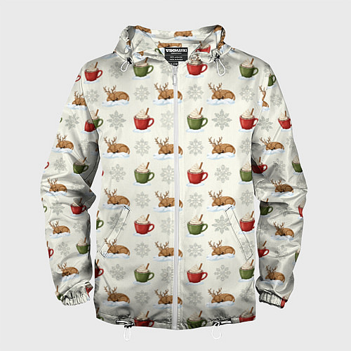 Мужская ветровка Зимний паттерн с оленем и чашками какао / 3D-Белый – фото 1