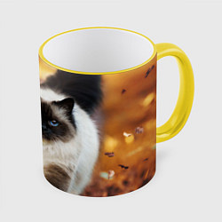 Кружка 3D Котик в листьях, цвет: 3D-желтый кант