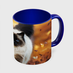 Кружка 3D Котик в листьях, цвет: 3D-белый + синий