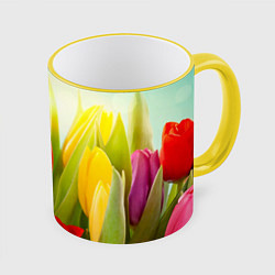 Кружка 3D Цветущие тюльпаны, цвет: 3D-желтый кант