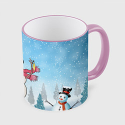 Кружка 3D Снеговик в снежном дворике, цвет: 3D-розовый кант