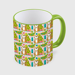 Кружка 3D Тигр и елки Новый год 2022, цвет: 3D-светло-зеленый кант