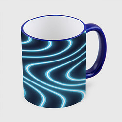 Кружка 3D Неоновый свет Волны голубые на темном фоне, цвет: 3D-синий кант