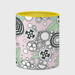 Кружка 3D Абстрактные черно-белые круги в зелёных листьях, цвет: 3D-белый + желтый — фото 2