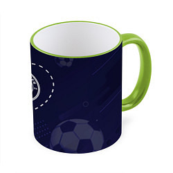 Кружка 3D Лого Manchester City в сердечке на фоне мячей, цвет: 3D-светло-зеленый кант