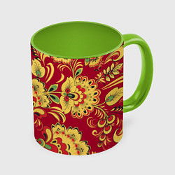 Кружка 3D Хохломская Роспись Цветы На красном Фоне, цвет: 3D-белый + светло-зеленый