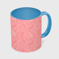 Кружка 3D Бежевые листья монстеры на розовом, цвет: 3D-белый + небесно-голубой