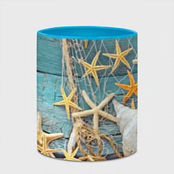 Кружка 3D Натюрморт из сети, морских звёзд и ракушек - лето, цвет: 3D-белый + небесно-голубой — фото 2