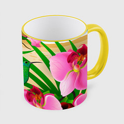 Кружка 3D Колибри и орхидеи, цвет: 3D-желтый кант