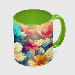 Кружка 3D Цветочный букет нарисованный маслом, цвет: 3D-белый + светло-зеленый