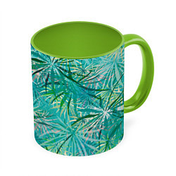 Кружка 3D Тропические листья на зеленом фоне, цвет: 3D-белый + светло-зеленый