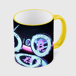 Кружка 3D Неоновый светящийся биткоин, цвет: 3D-желтый кант