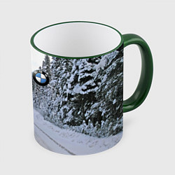 Кружка 3D BMW - зимняя дорога через лес, цвет: 3D-зеленый кант