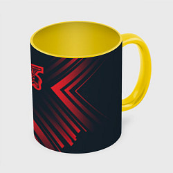 Кружка 3D Красный символ GTA на темном фоне со стрелками, цвет: 3D-белый + желтый