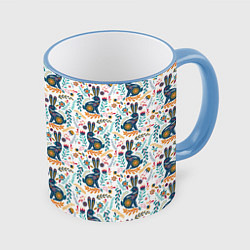 Кружка 3D Новогодний паттерн - Кролики и веточки, цвет: 3D-небесно-голубой кант