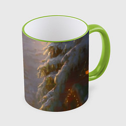 Кружка 3D Деревенский бревенчатый дом в лесу, украшенный к Н, цвет: 3D-светло-зеленый кант