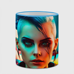 Кружка 3D Нейросеть - девушка в стиле киберпанк, цвет: 3D-небесно-голубой кант — фото 2