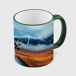 Кружка 3D Мотоцикл в горах, цвет: 3D-зеленый кант