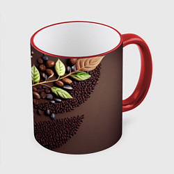 Кружка 3D Кофейные зерна и листья чая, цвет: 3D-красный кант
