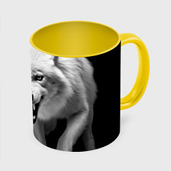 Кружка 3D Агрессивный белый волк, цвет: 3D-белый + желтый