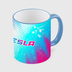 Кружка 3D Tesla neon gradient style: надпись и символ, цвет: 3D-небесно-голубой кант