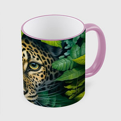 Кружка 3D Леопард в листьях, цвет: 3D-розовый кант